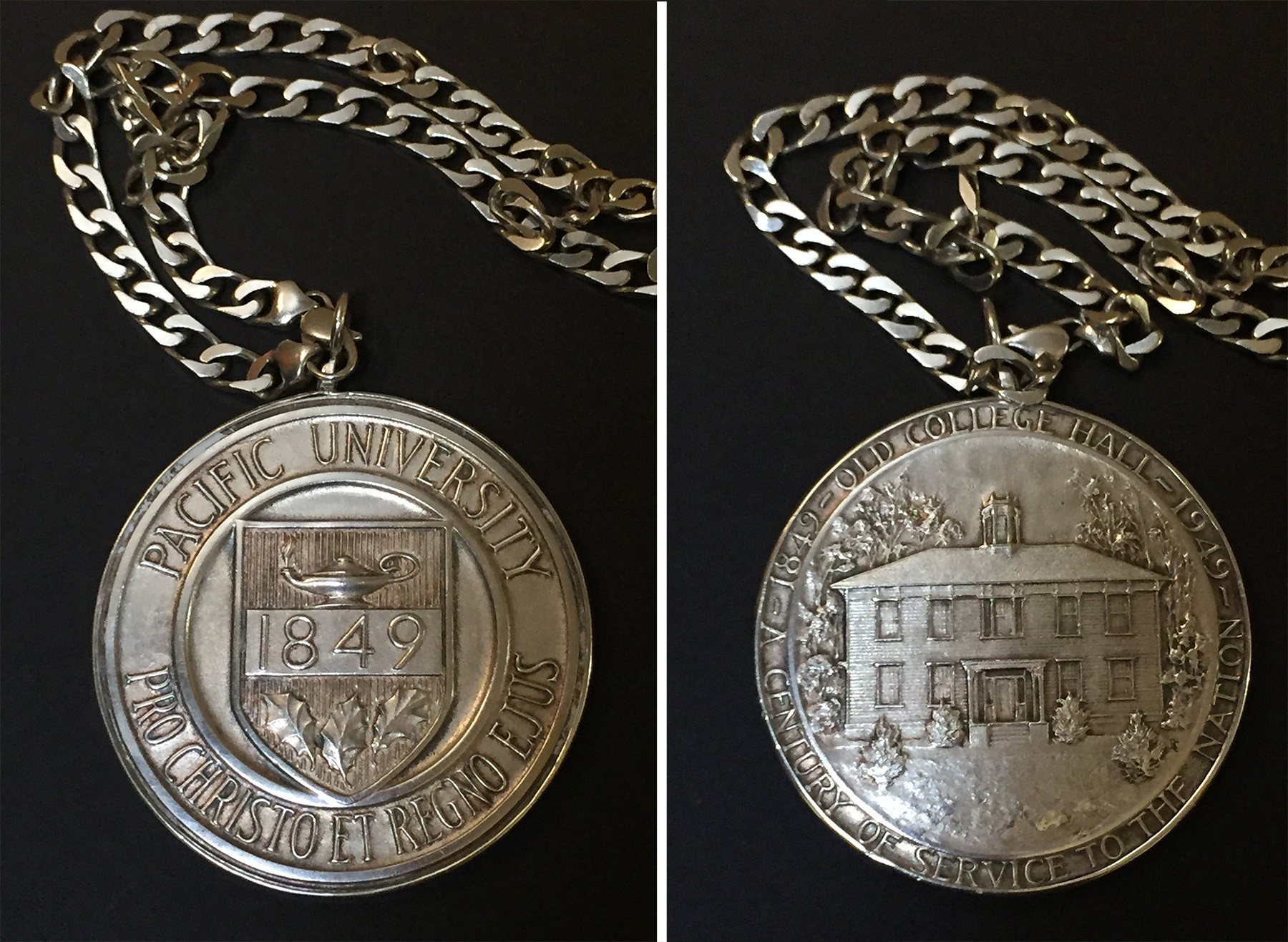 Silver chain with medallion | seal on one side, Old College Hall on the reverse
