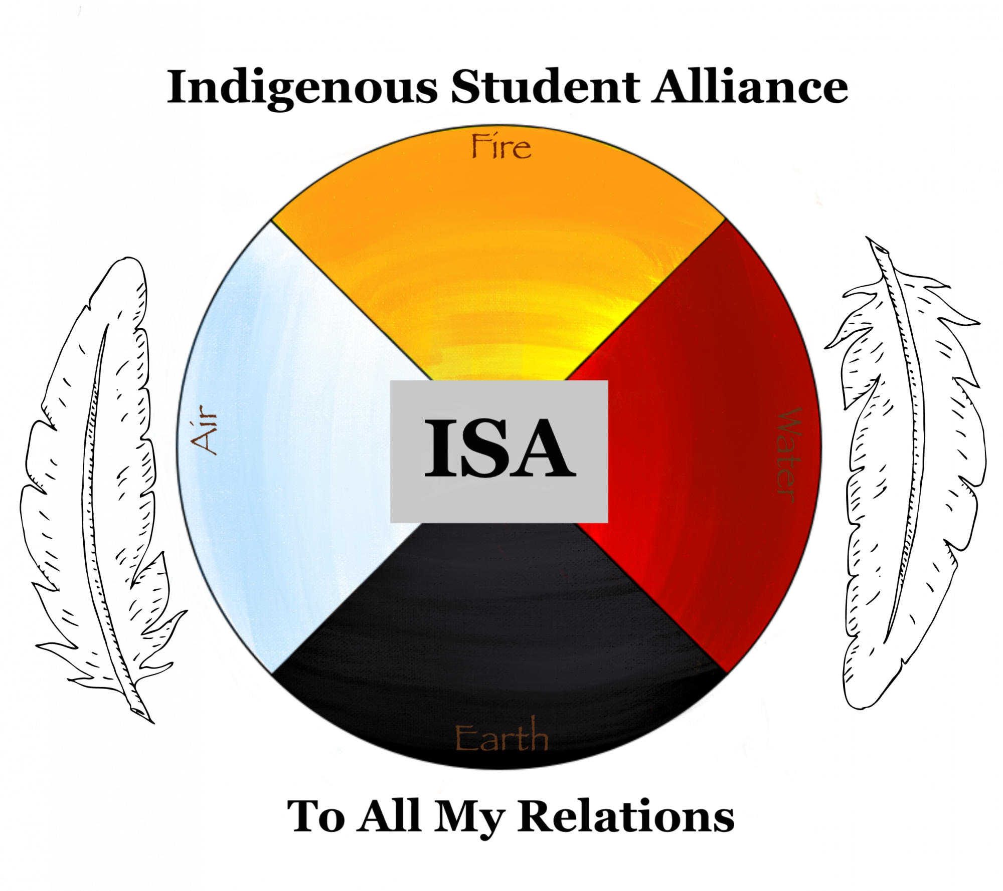 Indigenous Student Alliance logo consists of the four elements of the medicine wheel, fire, earth, air, and water with feathers bordering two sides.