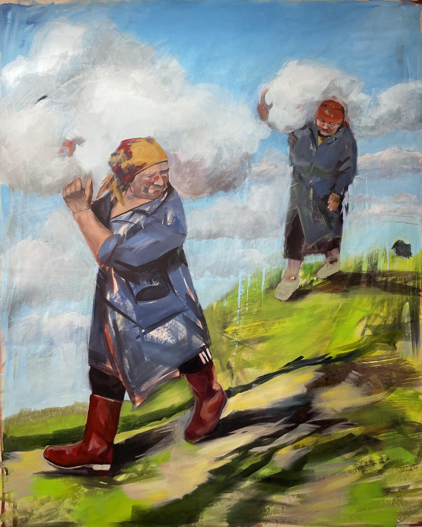 Painting of two women holding clouds