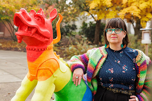 Professor Aimee Wodda With Rainbow-Colored Boxer Statue