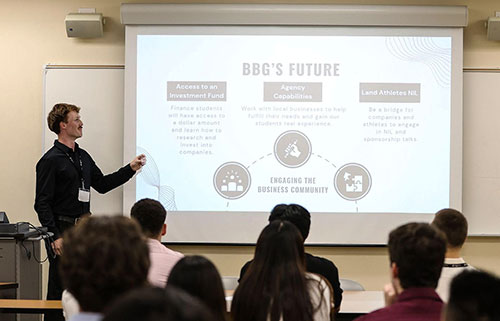 Brendan Lapierre '25 Presenting In Front Of College of Business Class