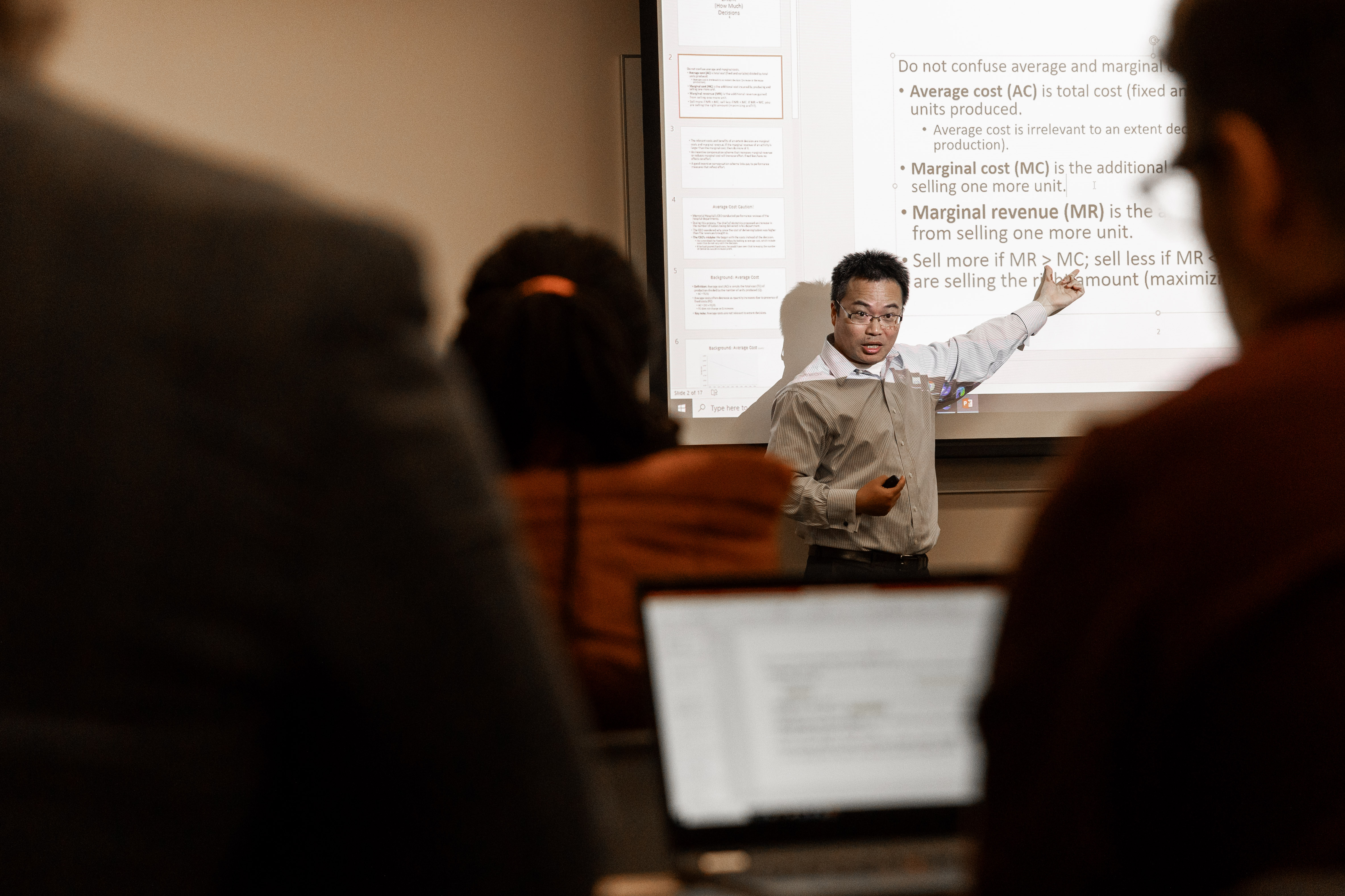 Pacific professor Fan Chen teaches during an MBA class.