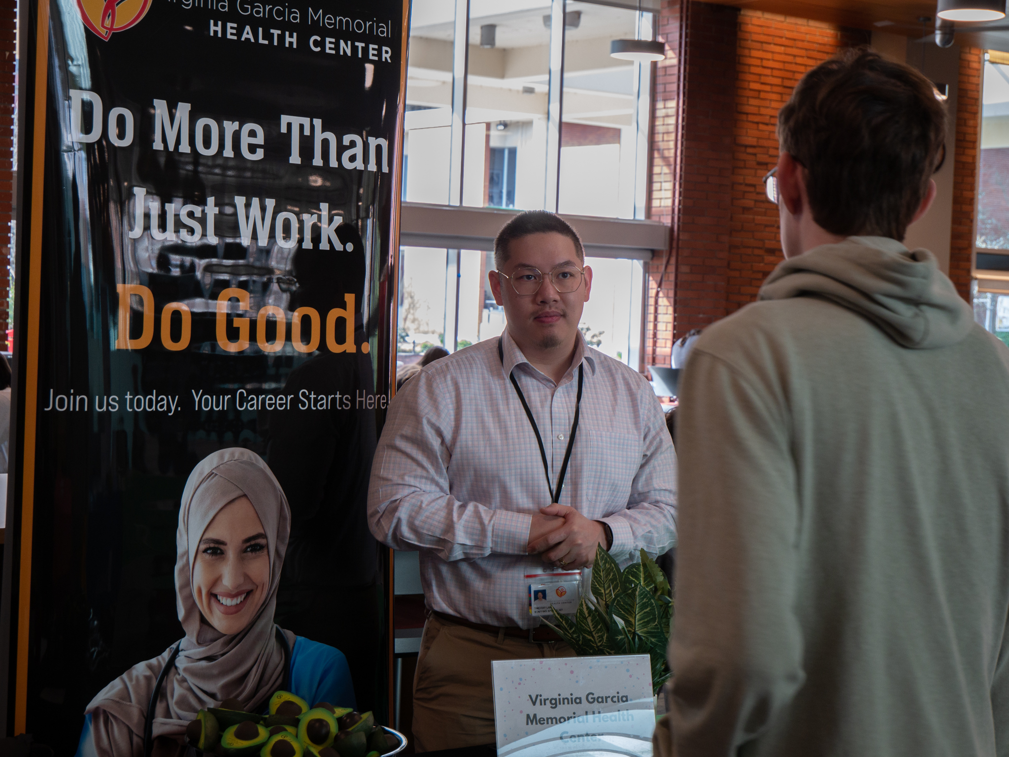 A healthcare student attends a post-grad work fair held on Pacific's campus.