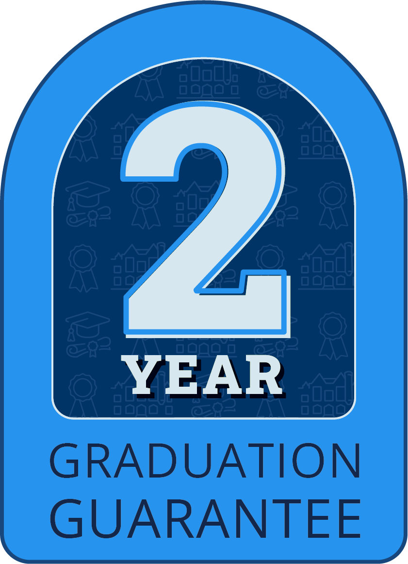 A logo which reads two-year graduation guarantee.