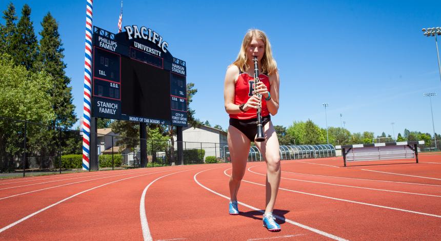Serena Wallace plays her clarinet on the track