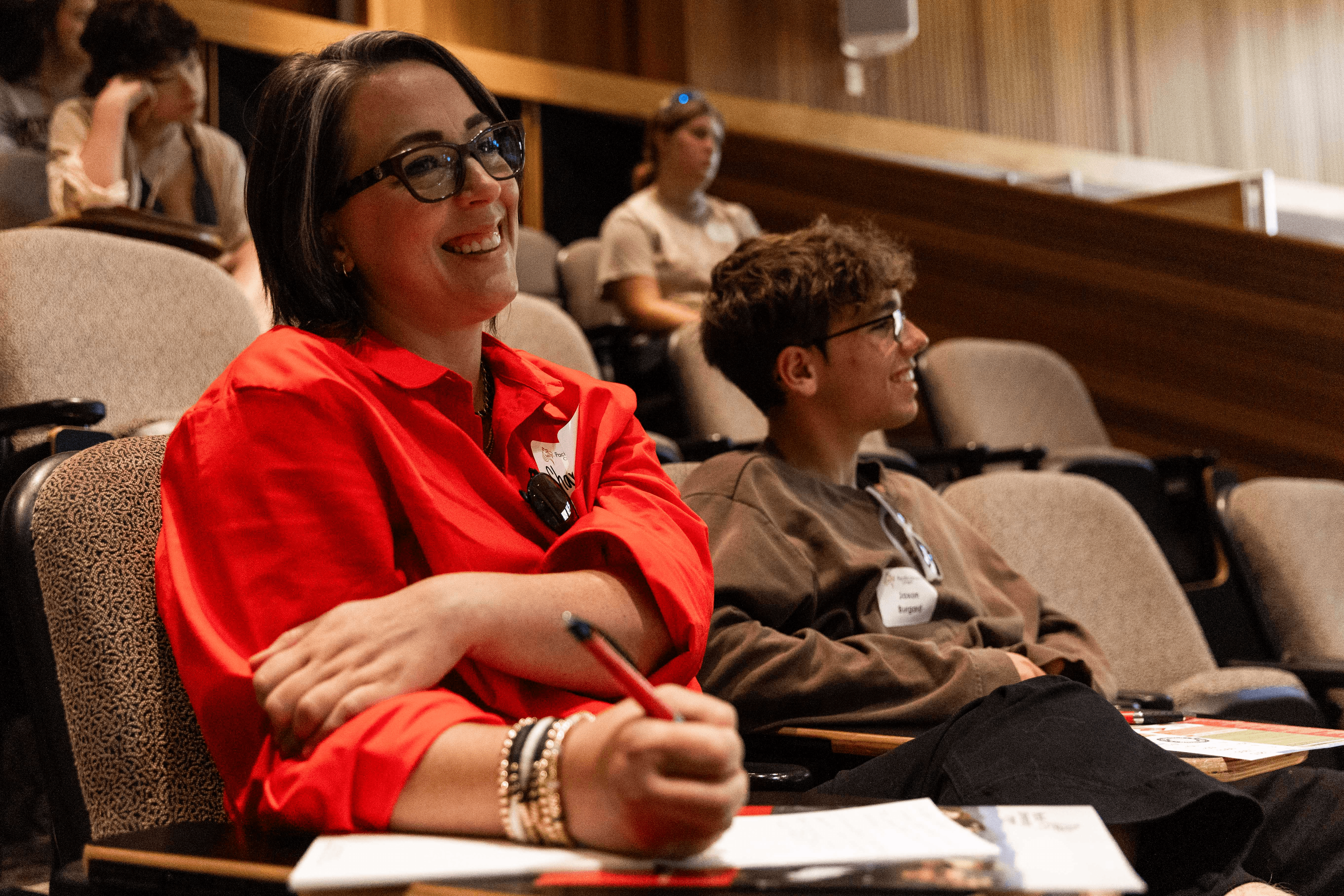 Two high school students attend an info session on Pacific's Forest Grove campus.