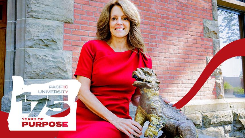 President Jenny Coyle and Boxer celebrate 175 years of purpose at Pacific University