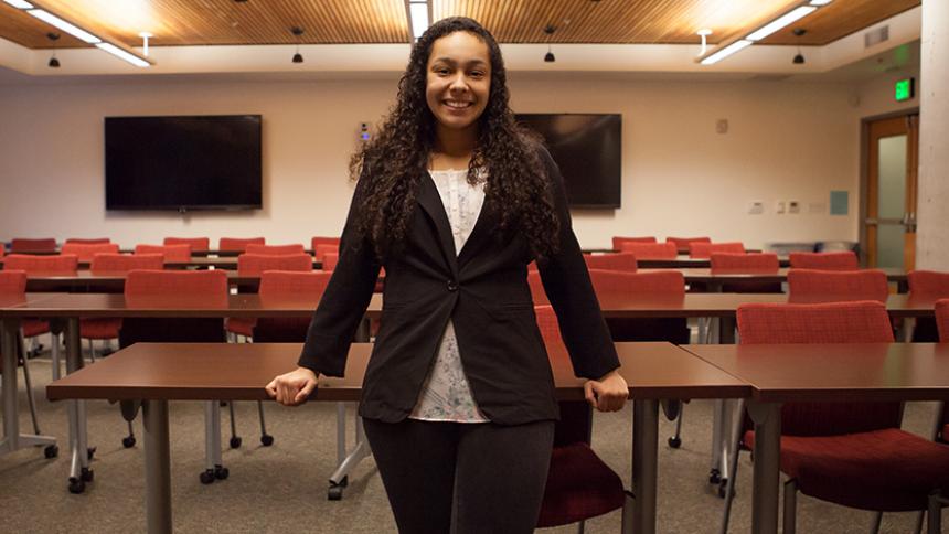 Taylor Gillespie '15, MBA '17 poses on the Hillsboro Campus