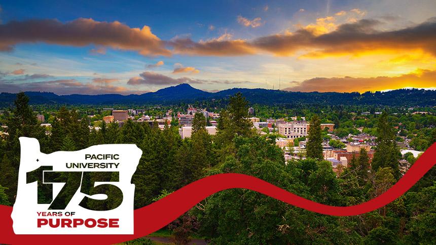 Pacific 175th anniversary wordmark over Eugene skyline