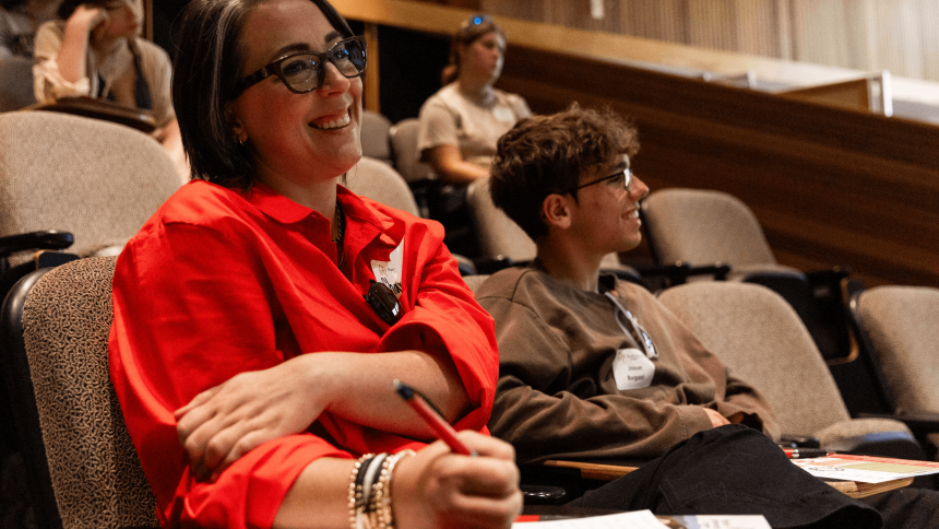 Two high school students attend an info session on Pacific's Forest Grove campus.