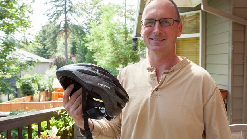 Doug Keller pictured with his bicycle helmet. 