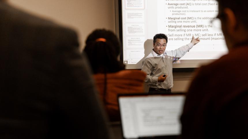 Pacific professor Fan Chen teaches during an MBA class.