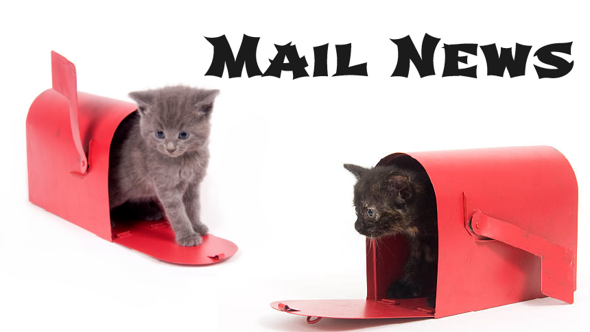 Two cats in red mailboxes, the text over them reads 'Mail News'
