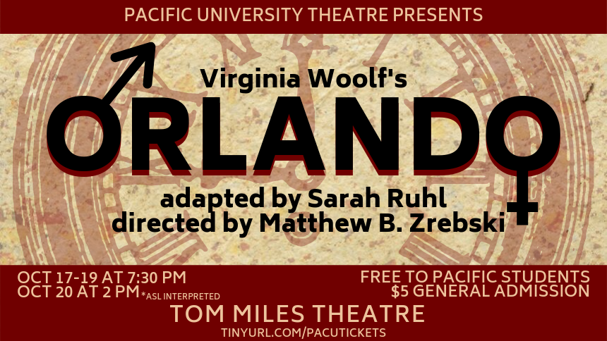The poster for Pacific University's production of Orlando. The two letter O's are the symbols for male and female.
