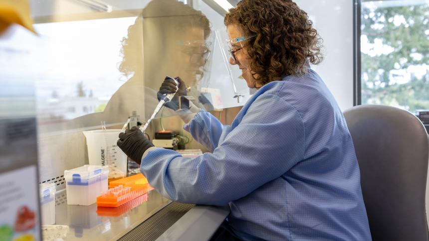 A pharmacy student works in the lab and dispenses chemicals via a pipet.