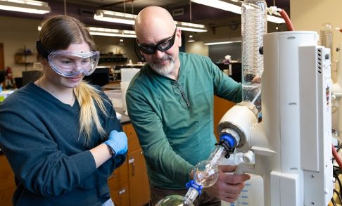 Student And Professor Working Together In Chemistry Lab