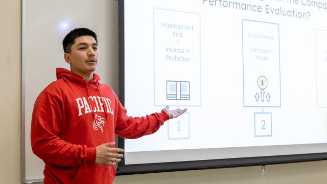 College of Business student Ayden Ruminski presents his research in front of a classroom.