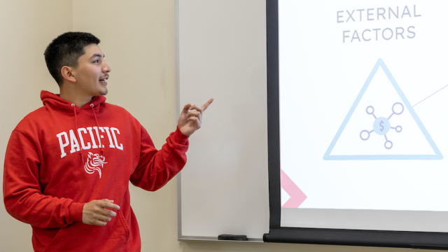 Pacific University business program student presenting to a class