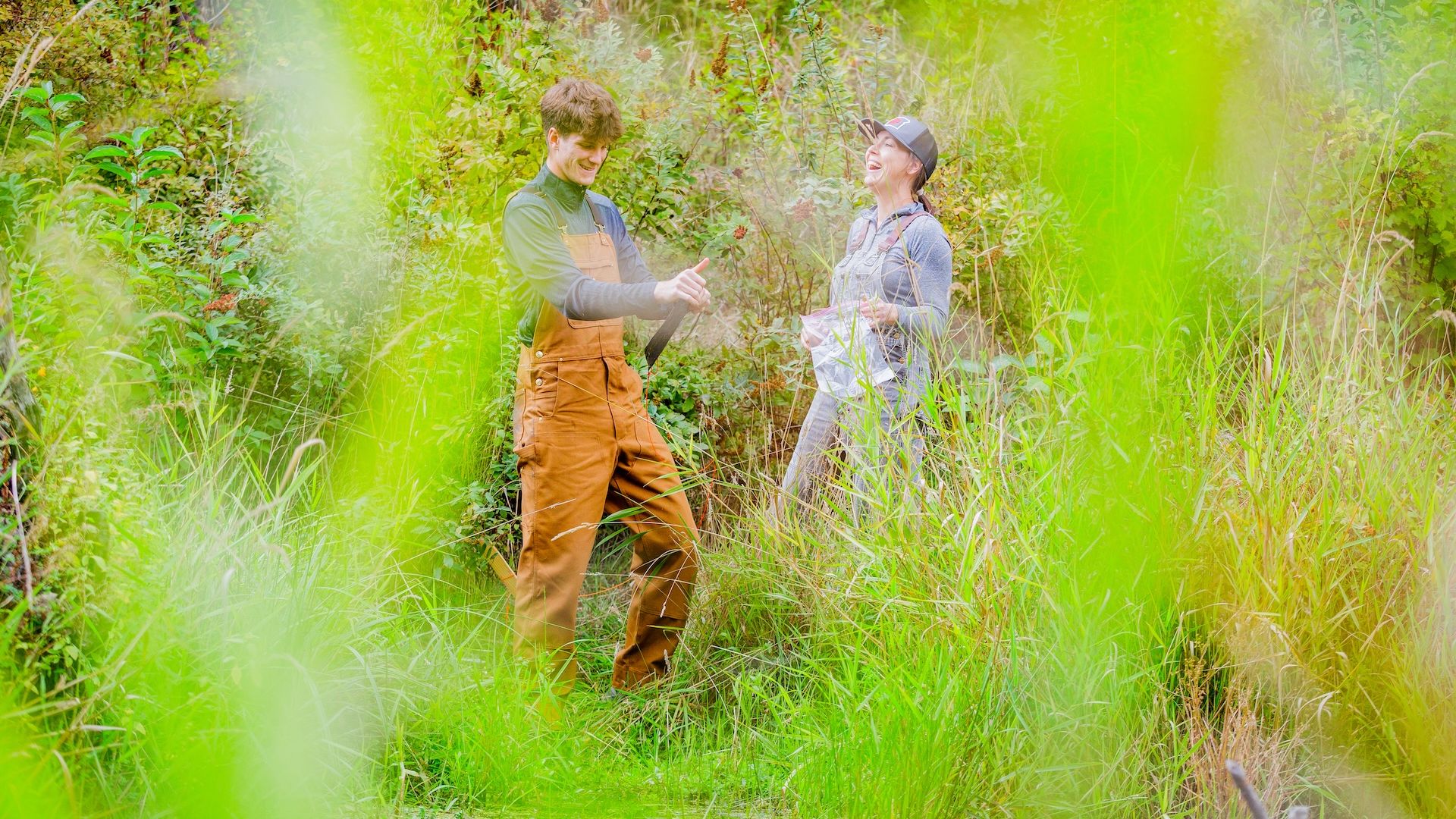 students working in a wetland